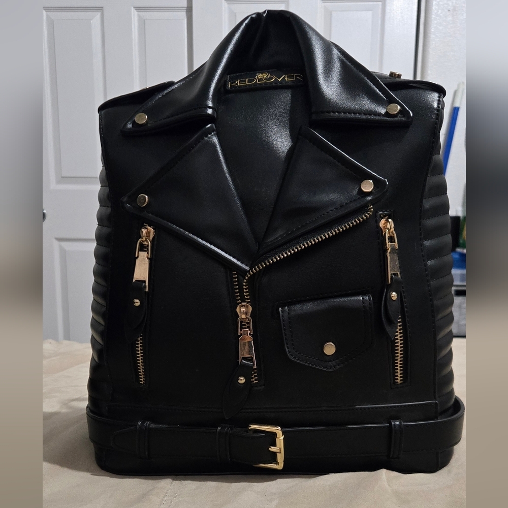 Black Fuax Leather Jacket Backpack/Purse Fashion Bag